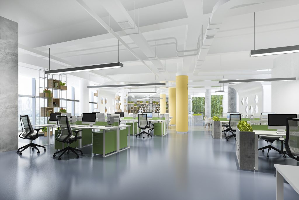 3d rendering business meeting working room office building with green yellow decor